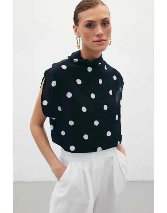Puantiye Desenli Bluz - Siyah