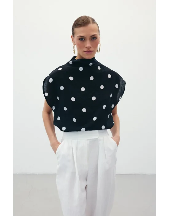 Puantiye Desenli Bluz - Siyah