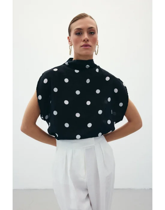 Puantiye Desenli Bluz - Siyah