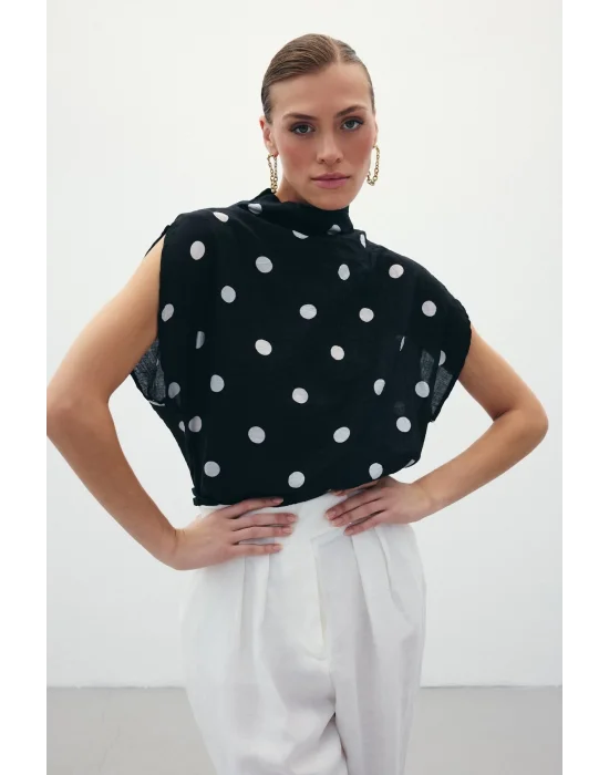 Puantiye Desenli Bluz - Siyah