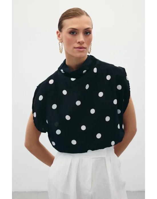 Puantiye Desenli Bluz - Siyah