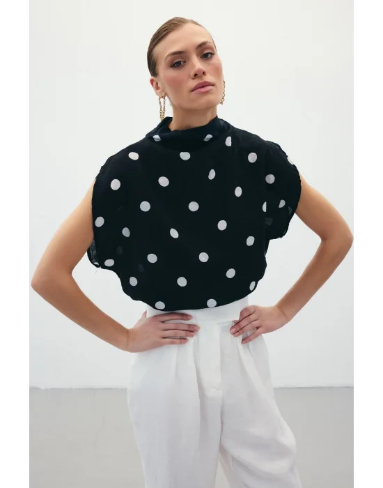 Puantiye Desenli Bluz - Siyah