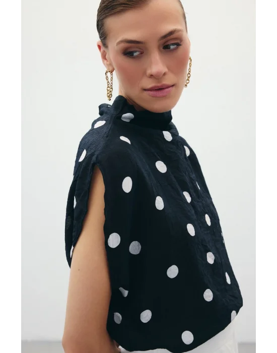 Puantiye Desenli Bluz - Siyah