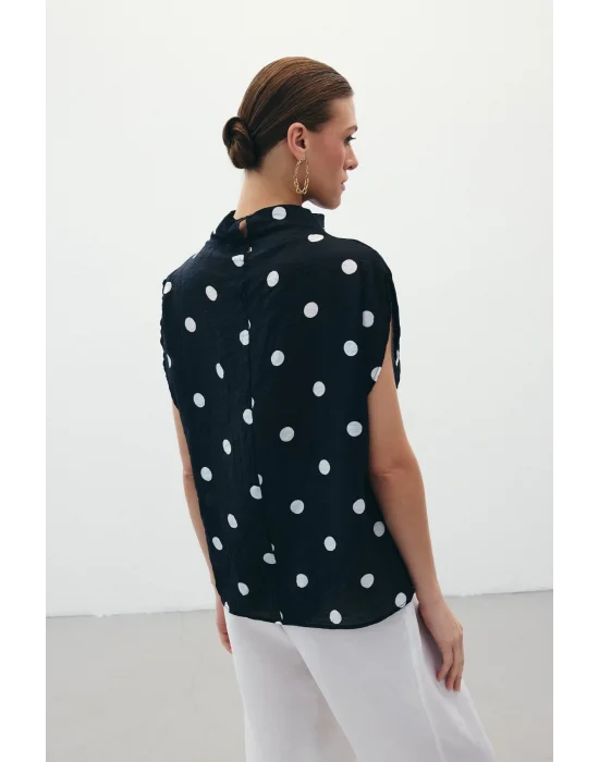 Puantiye Desenli Bluz - Siyah