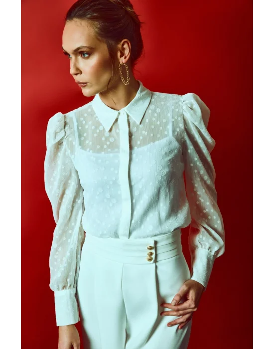 Puantiye Dokulu Gömlek - Ekru