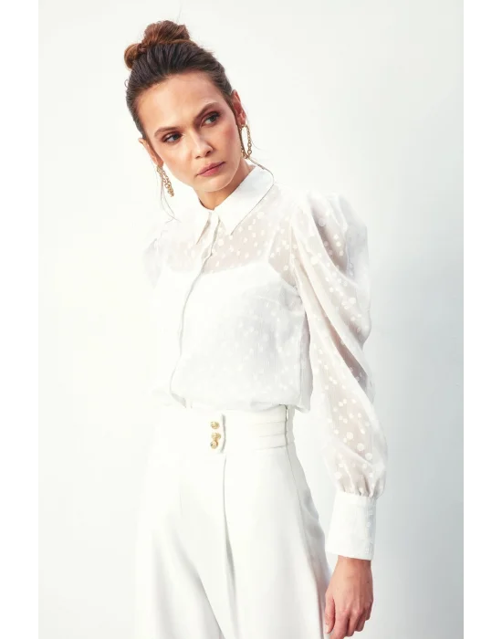 Puantiye Dokulu Gömlek - Ekru