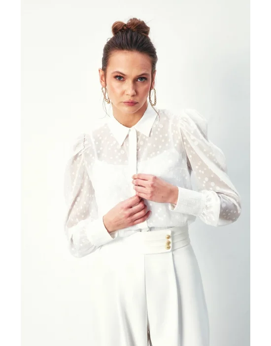 Puantiye Dokulu Gömlek - Ekru