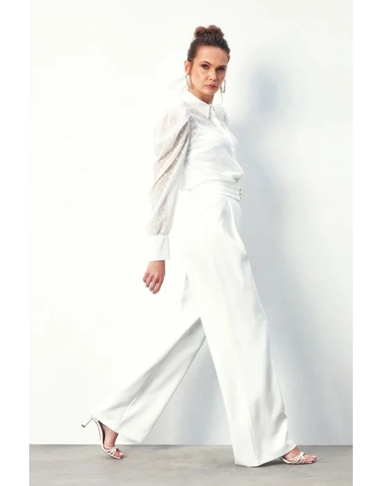 Puantiye Dokulu Gömlek - Ekru