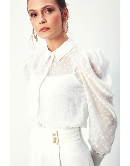 Puantiye Dokulu Gömlek - Ekru