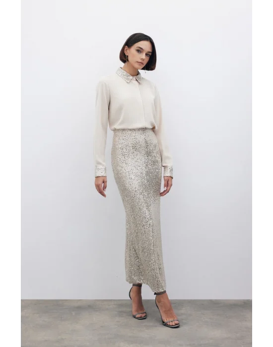 Pul Payetli Midi Etek - BEJ