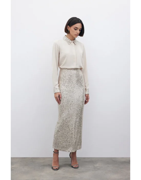 Pul Payetli Midi Etek - BEJ