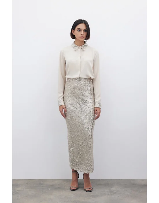 Pul Payetli Midi Etek - BEJ