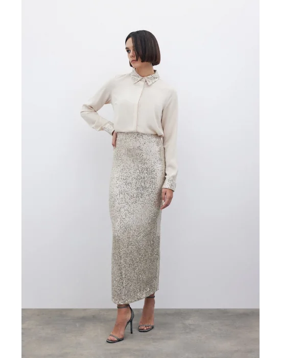 Pul Payetli Midi Etek - BEJ