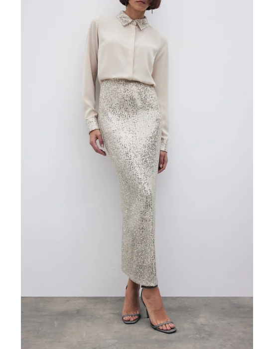 Pul Payetli Midi Etek - BEJ