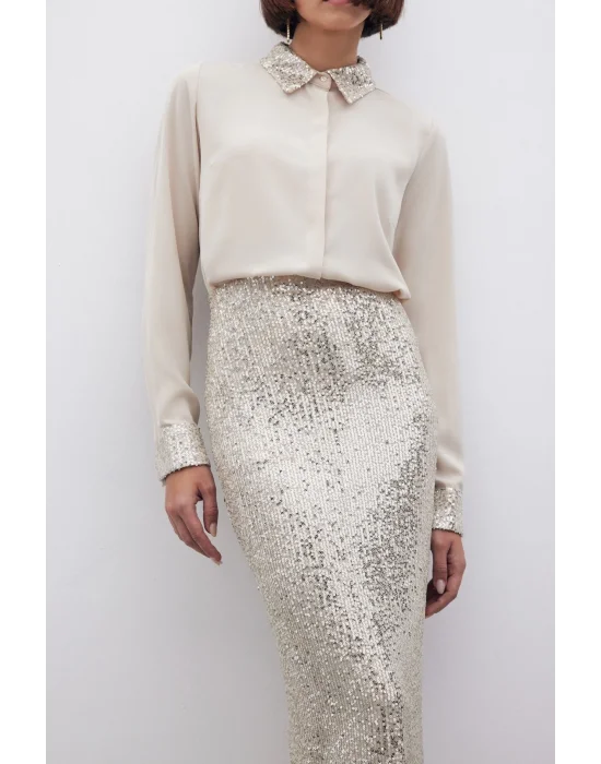 Pul Payetli Midi Etek - BEJ