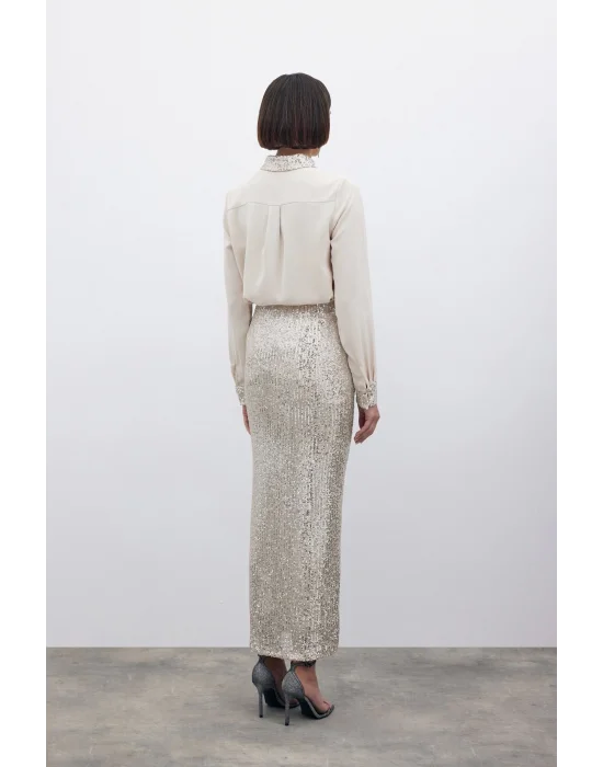 Pul Payetli Midi Etek - BEJ