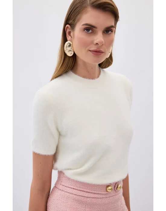 Sakallı Kısa Kol Triko - Ekru