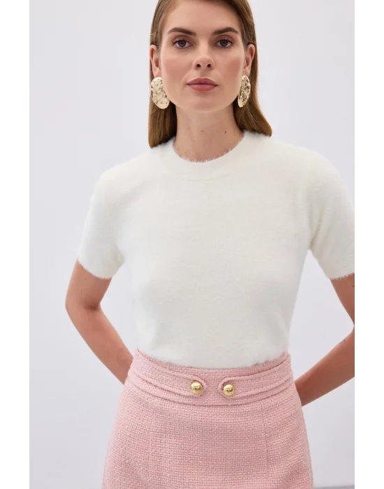 Sakallı Kısa Kol Triko - Ekru