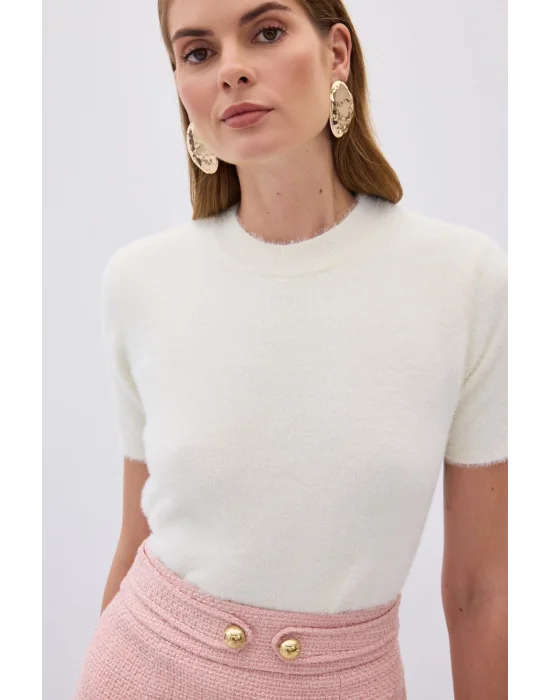 Sakallı Kısa Kol Triko - Ekru