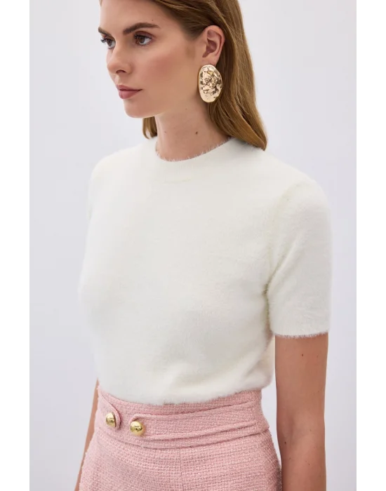 Sakallı Kısa Kol Triko - Ekru