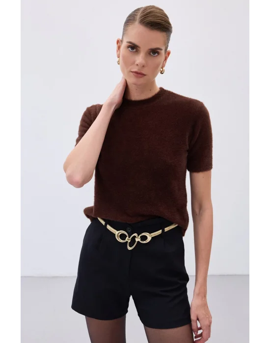 Sakallı Kısa Kol Triko - Kahve