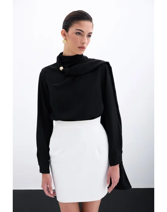 Şal Detaylı Bluz - Siyah