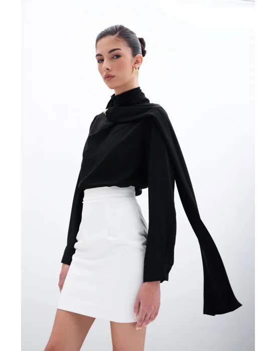 Şal Detaylı Bluz - Siyah