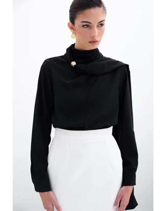 Şal Detaylı Bluz - Siyah