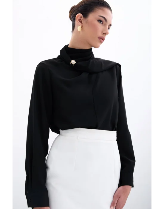 Şal Detaylı Bluz - Siyah
