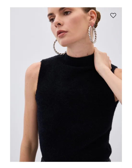 Sıfır Kol Sakallı Triko Bluz Siyah