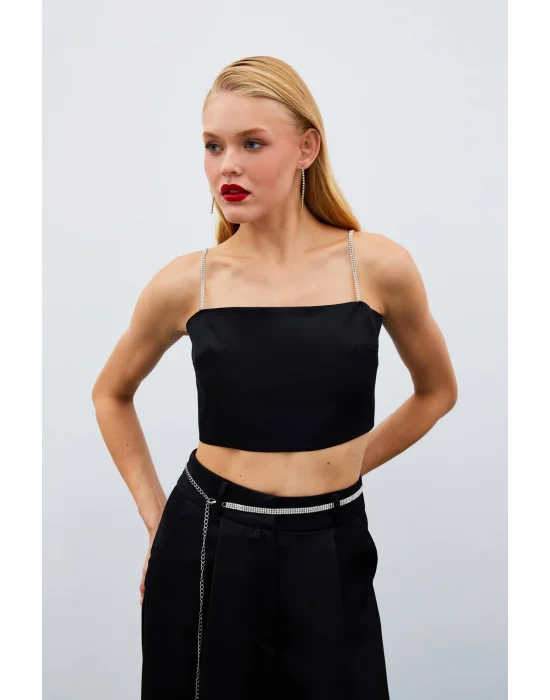 Taş Askılı Saten Crop Bluz - Siyah