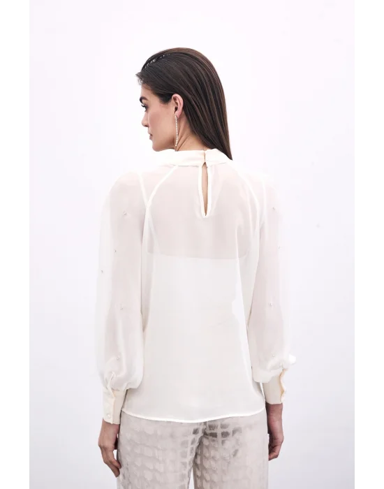 Taş Detaylı Transparan Bluz - Krem