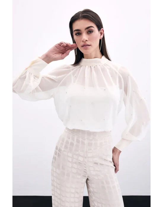Taş Detaylı Transparan Bluz - Krem
