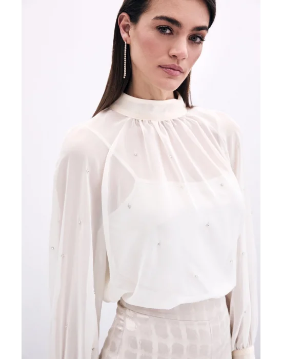 Taş Detaylı Transparan Bluz - Krem