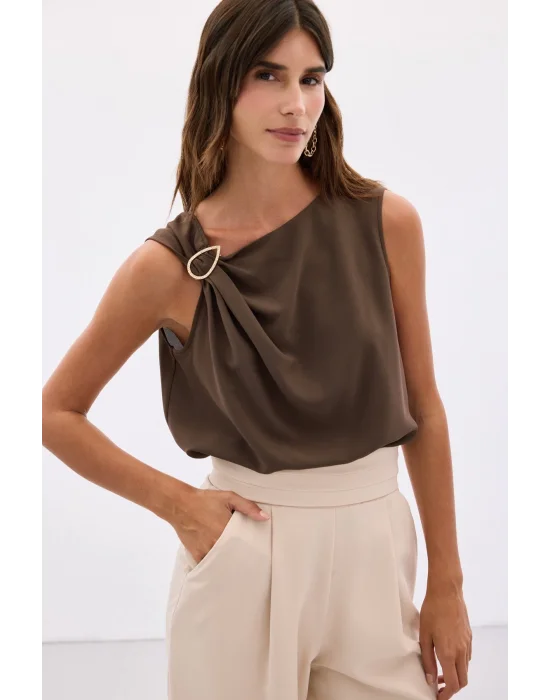 Tek Omuz Detaylı Bluz - Kahve