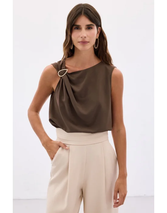 Tek Omuz Detaylı Bluz - Kahve