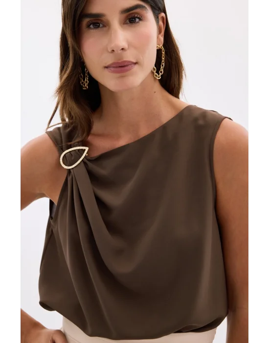 Tek Omuz Detaylı Bluz - Kahve