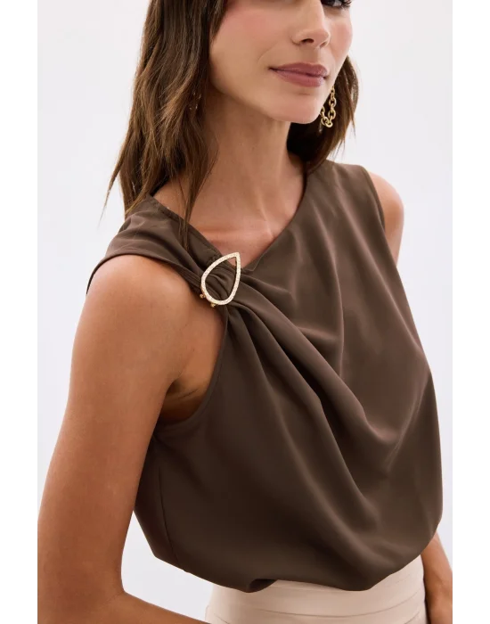 Tek Omuz Detaylı Bluz - Kahve