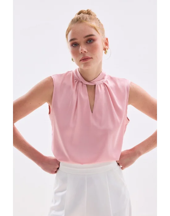Yaka Detaylı Saten Bluz - Pembe