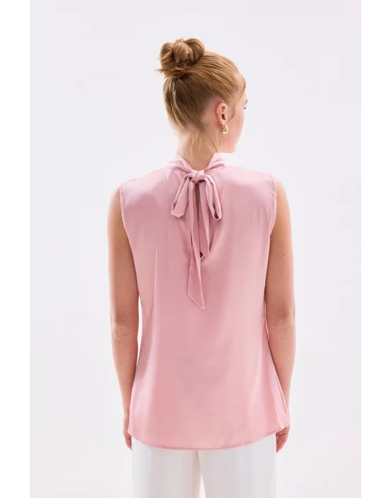 Yaka Detaylı Saten Bluz - Pembe