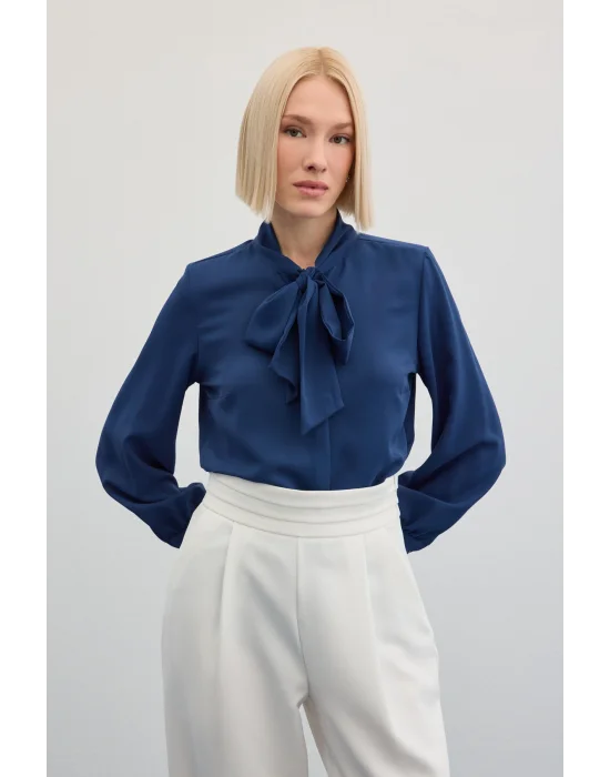 Yakası Bağlamalı Düz Gömlek - İndigo