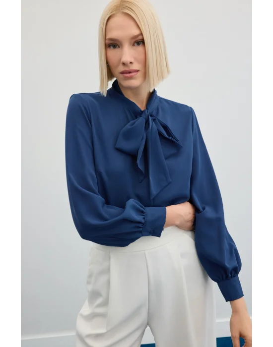 Yakası Bağlamalı Düz Gömlek - İndigo