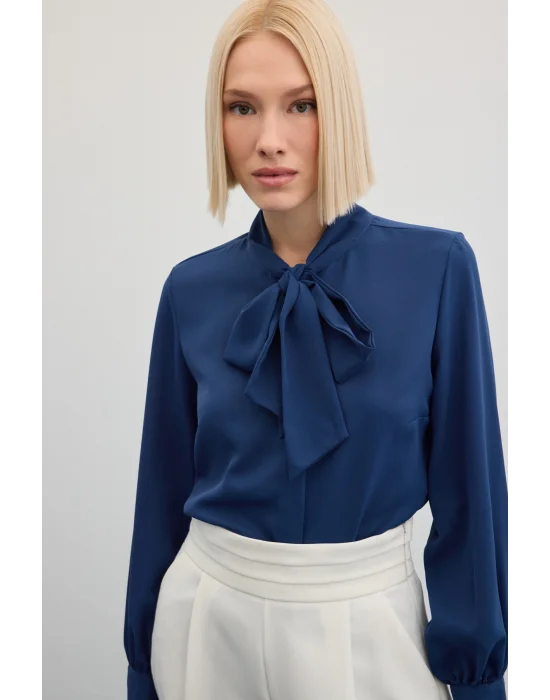 Yakası Bağlamalı Düz Gömlek - İndigo