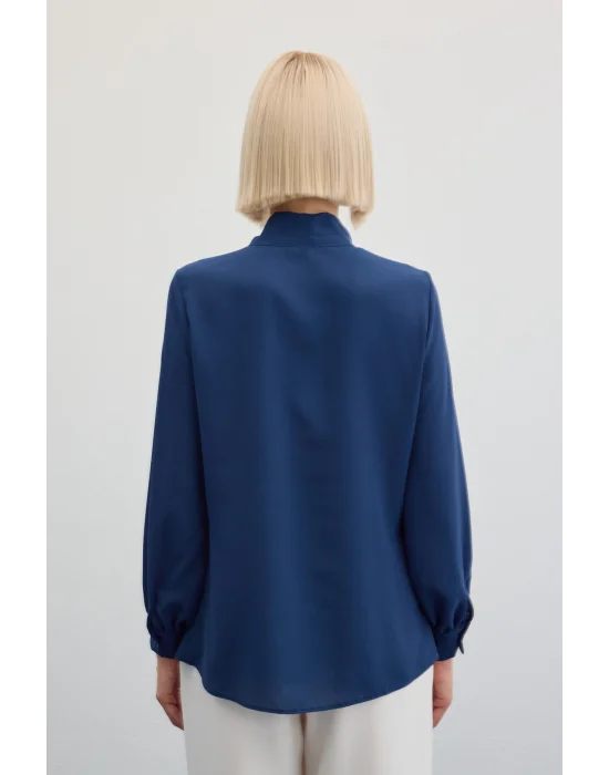 Yakası Bağlamalı Düz Gömlek - İndigo