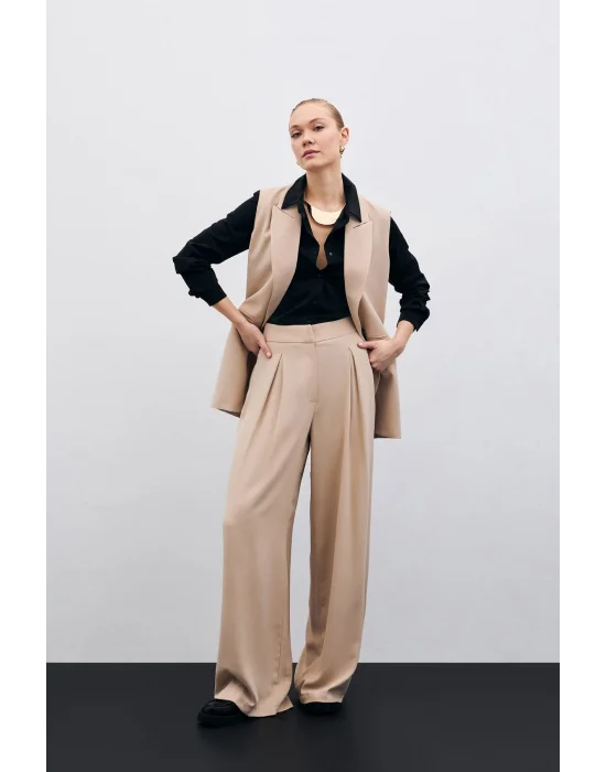 Yüksek Bel Bol Paça Pantolon - Bej