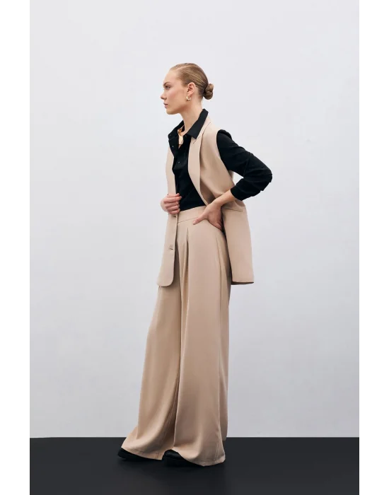 Yüksek Bel Bol Paça Pantolon - Bej