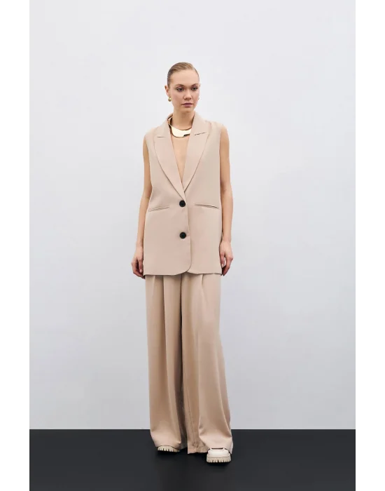 Yüksek Bel Bol Paça Pantolon - Bej