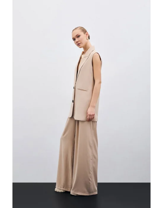 Yüksek Bel Bol Paça Pantolon - Bej