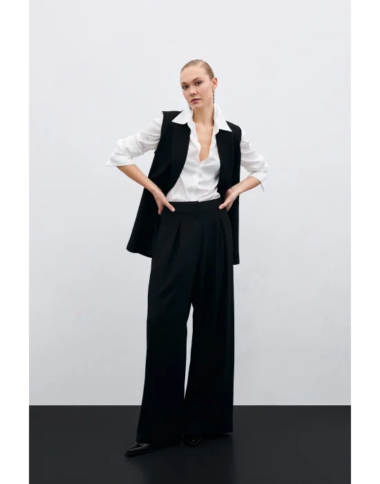 Yüksek Bel Bol Paça Pantolon - SİYAH