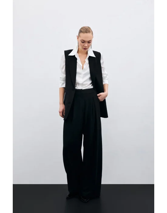 Yüksek Bel Bol Paça Pantolon - SİYAH